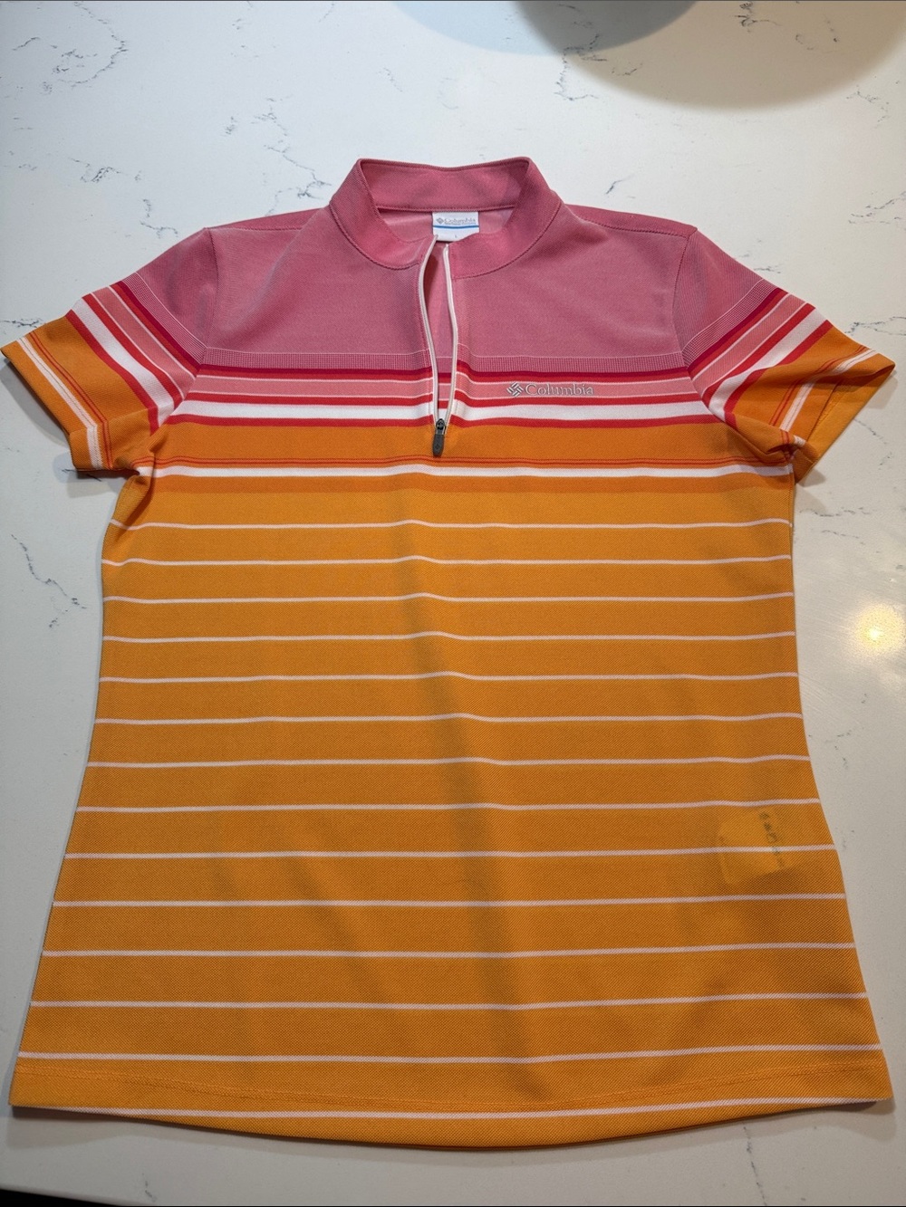 Columbia Pink, Orange & White Striped Quarter-Zip Polo